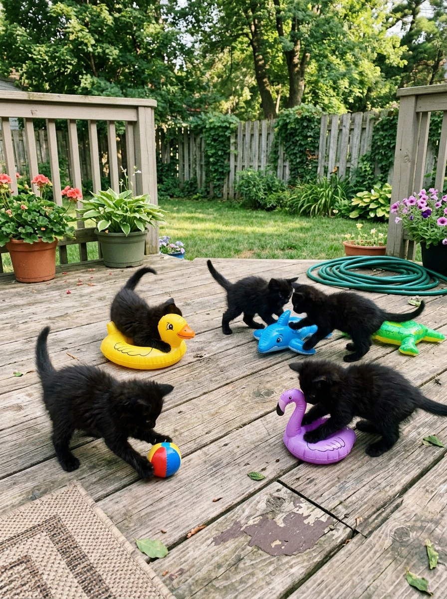 Cute black kittens playing with pool toys. Amateur photograph normal backyard deck.