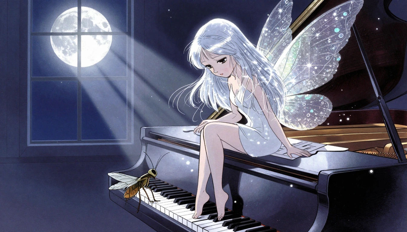 A dazzling moon fairy with shimmering, iridescent wings sits gracefully atop a polished grand piano beneath soft silver moonlight. Her delicate featur