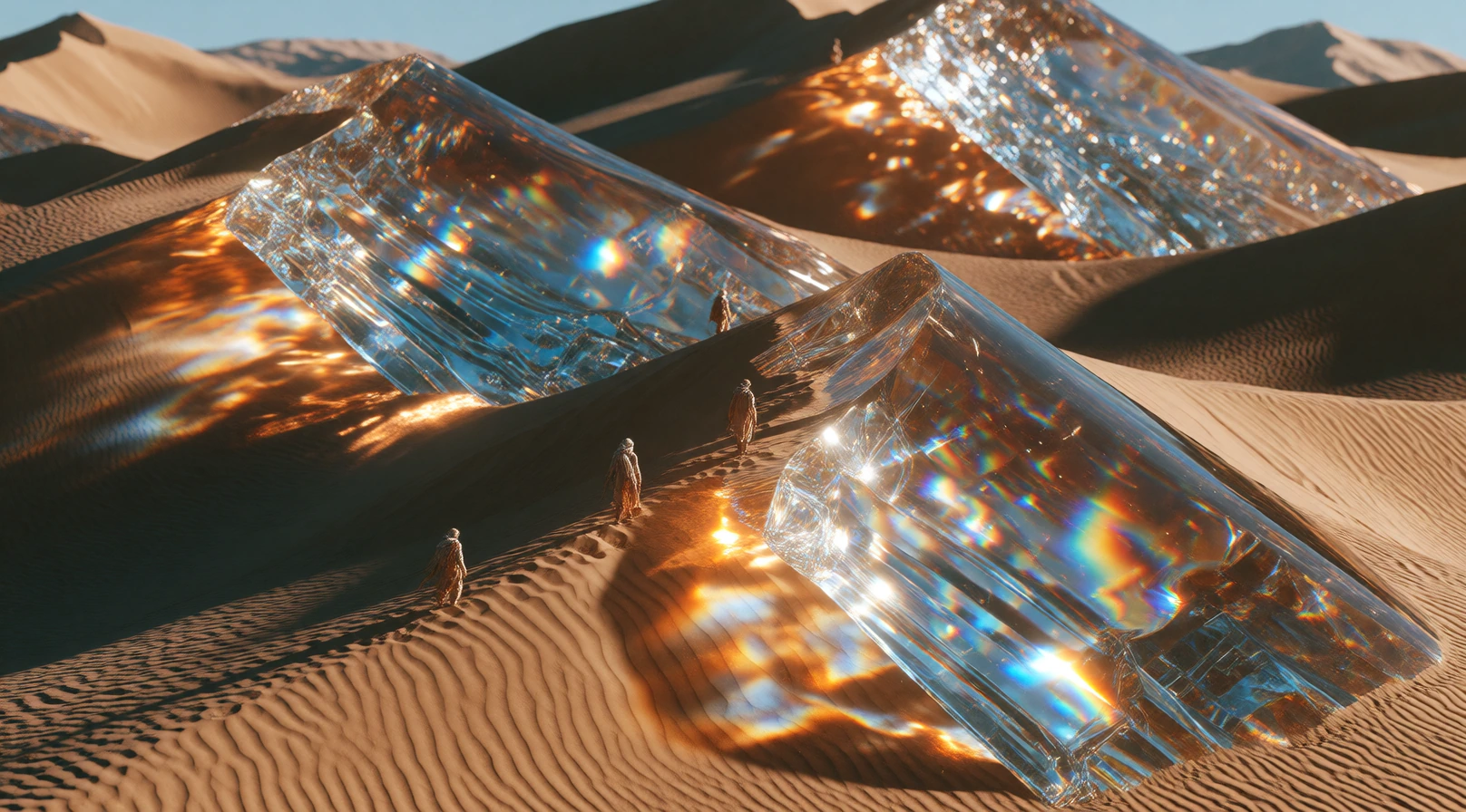 Color Palette: Complementary Amber, Cyan A surreal desert where every sand dune has transformed into transparent glass. Sunlight refracts into thousands of rainbows while enormous crystalline dunes cast cyan shadows across glowing amber terrain. Tiny