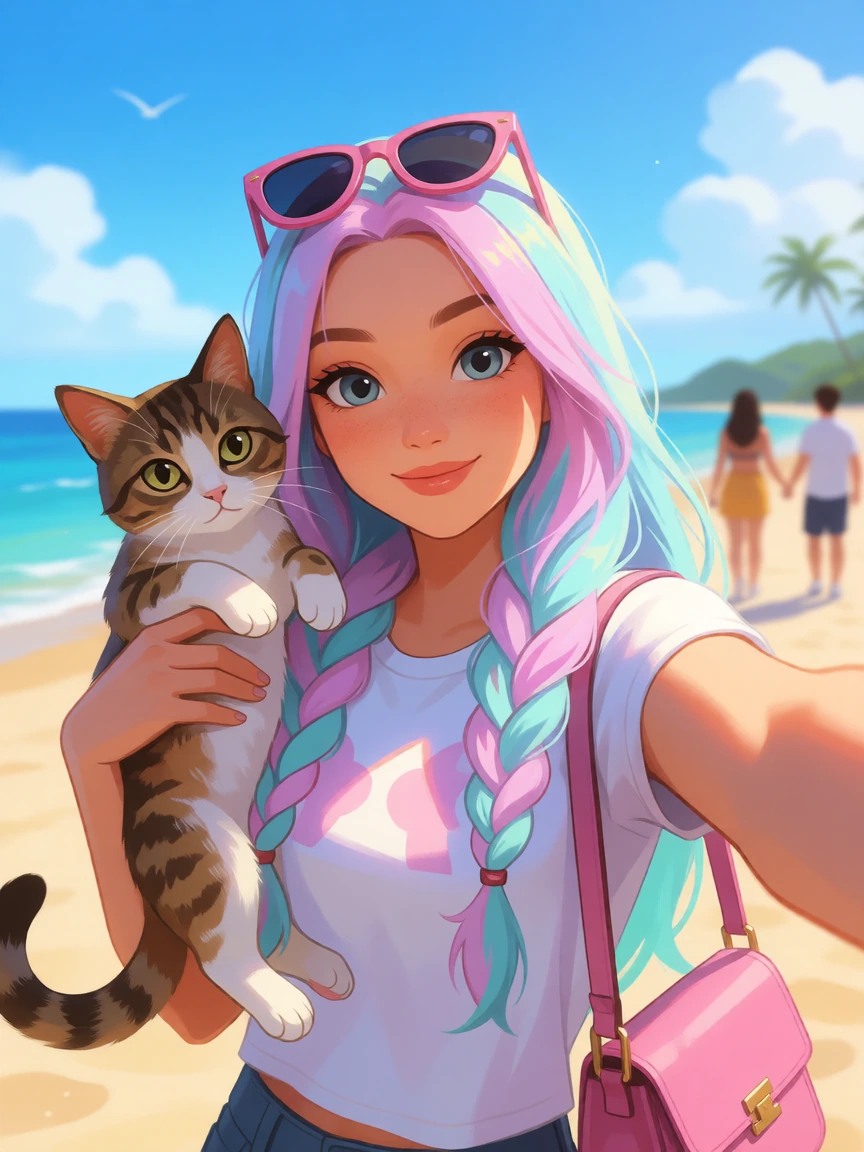 Kodak photo Crazy girlfriend pastel hair,taking a selfie with her cat while she takes a walk at the beach