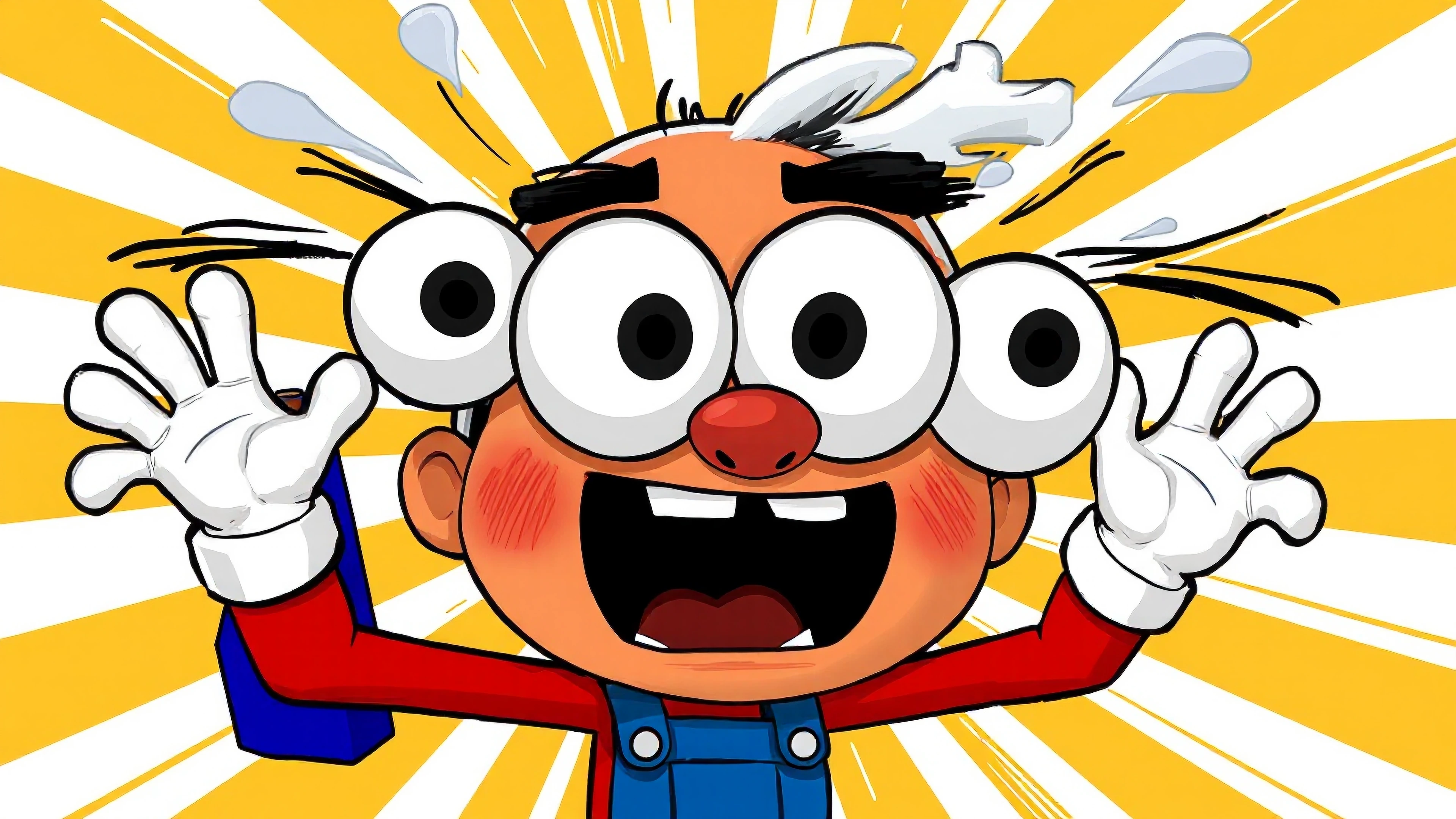 cartoon man, exaggeratedly bulging eyes popping out of skull with shock and surprise, classic rubber hose animation style, wide dilated pupils surrounded by bright white sclera, eyes stretching far beyond face on elongated stalks, jaw dropped open re