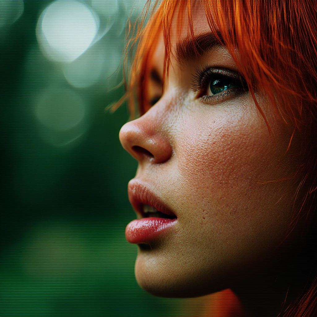 redhead, out in the forest, (lip bite expression:1.0) lip bite bokeh, f1.4, 40mm, photorealistic, raw, 8k, textured skin, skin pores, intricate details