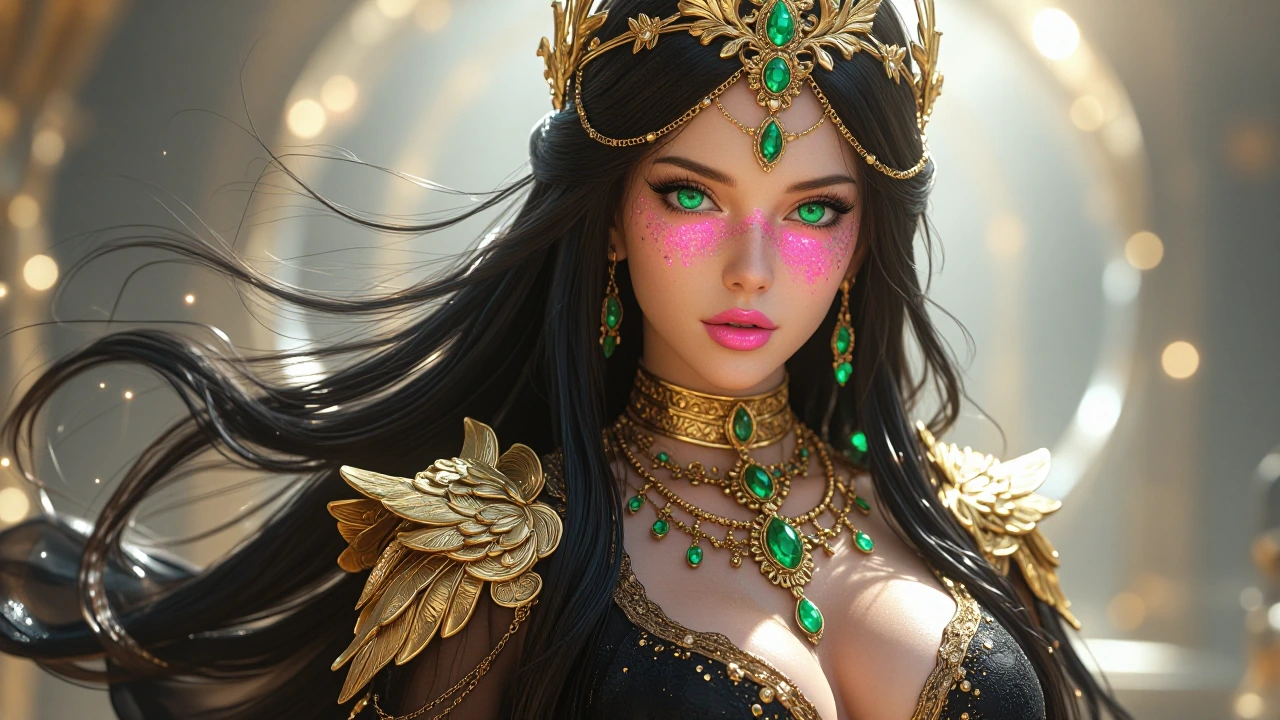 A breathtaking hyper-realistic cinematic close-up portrait of an exquisitely beautiful early-20s fantasy queen with a mesmerizing presence. She has long, silky jet-black hair with delicate strands framing her face and subtle highlights catching the l