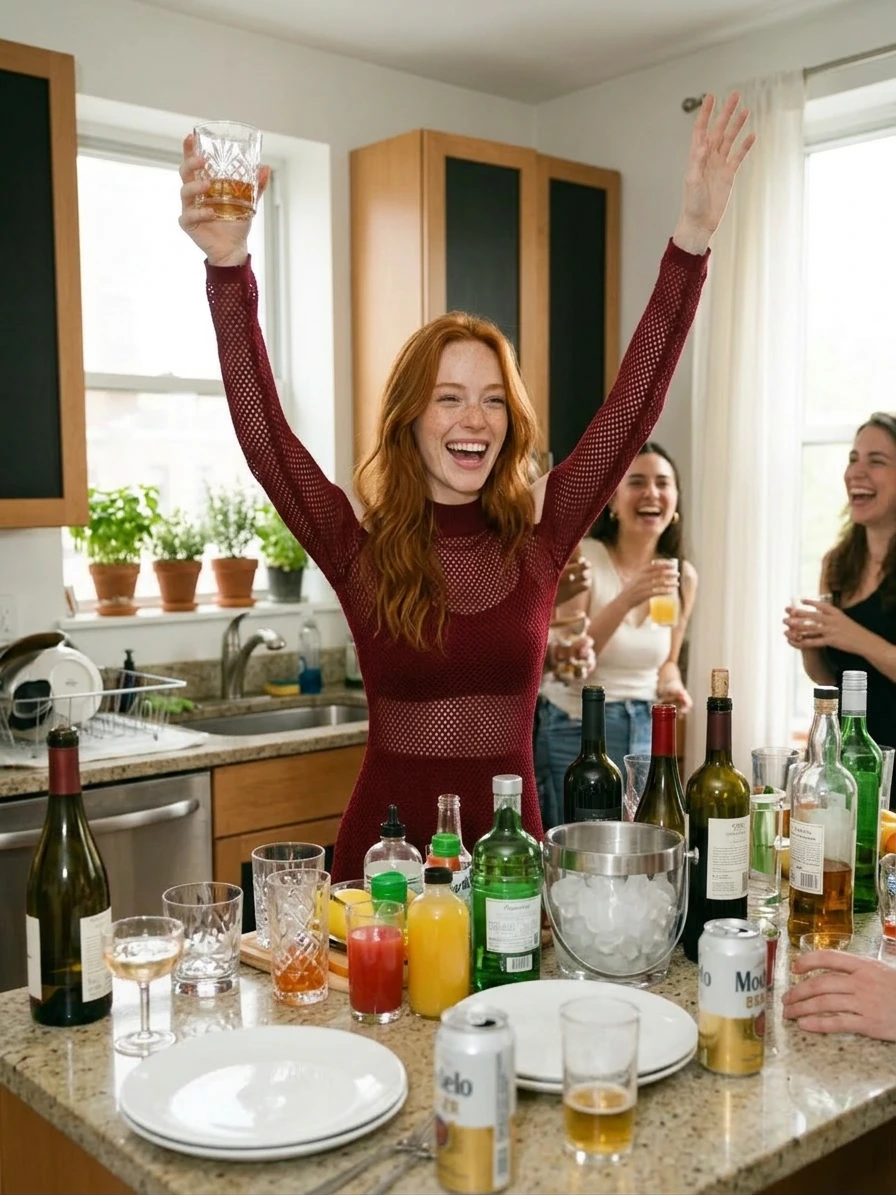 Put a woman standing at a kitchen counter covered in drinks she's drinking having fun with arms up and laughing