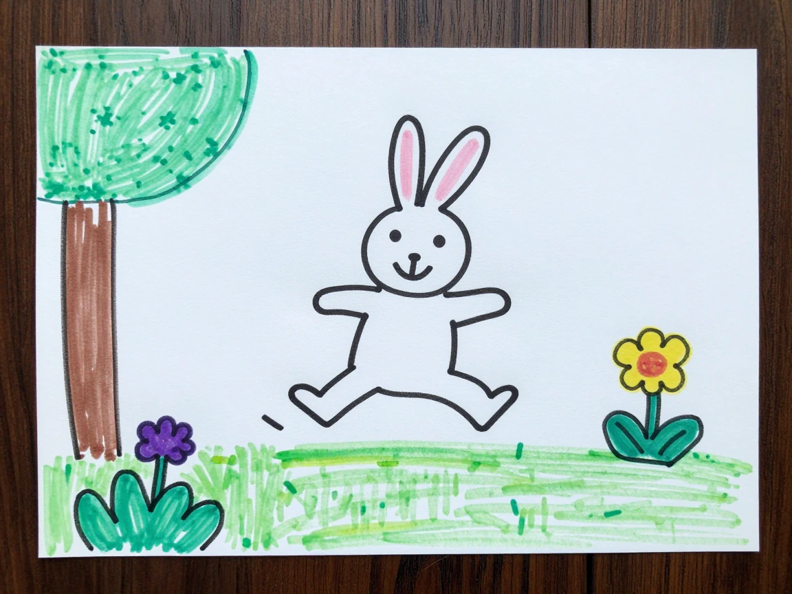 A funny drawing made by a 5 year old child, simple lines, a funny bunny jumping in the garden