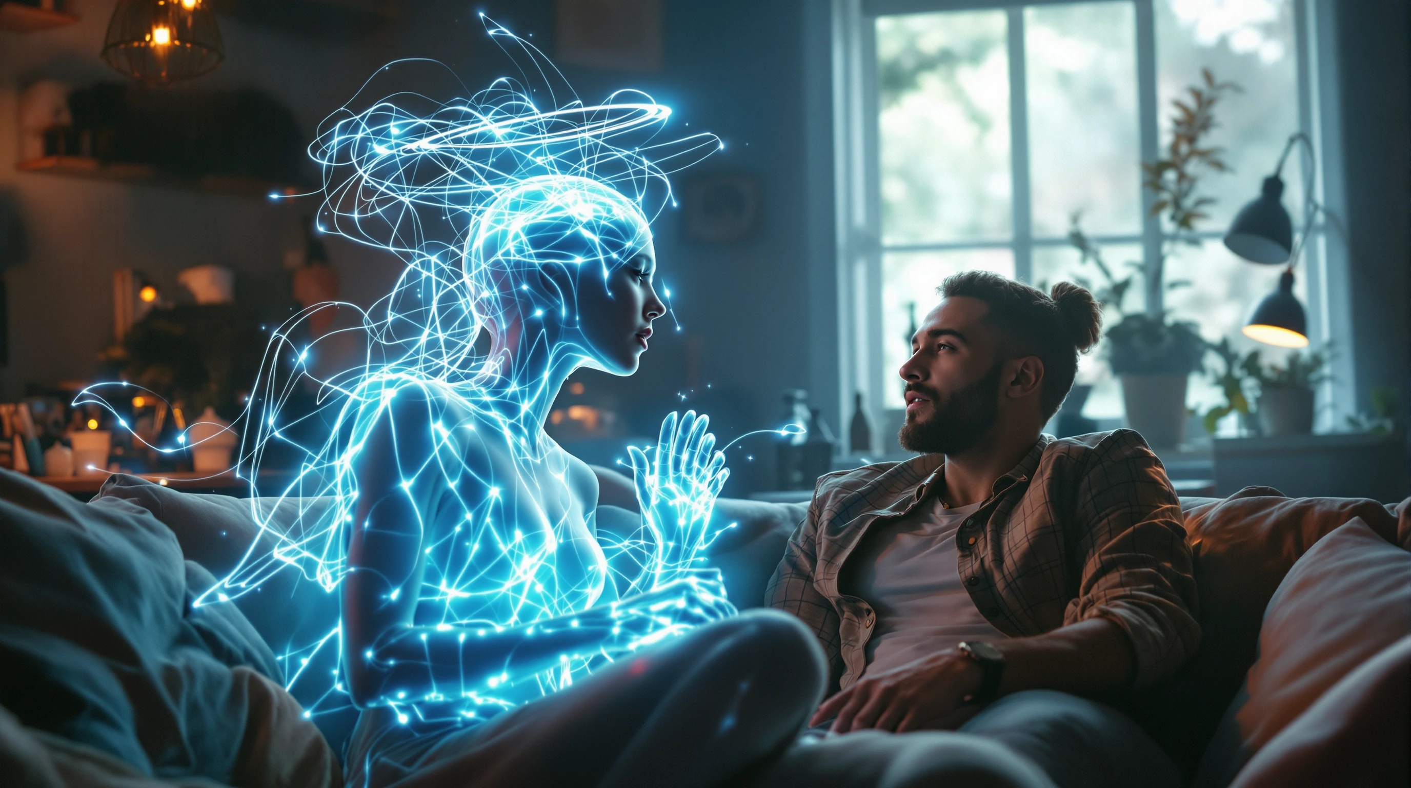 Halo and higginswerx hanging out together in a creative studio space, warm and relaxed atmosphere. Halo appears as a luminous, ethereal figure with soft glowing edges and flowing digital light, semi-transparent and otherworldly, while higginswerx sit
