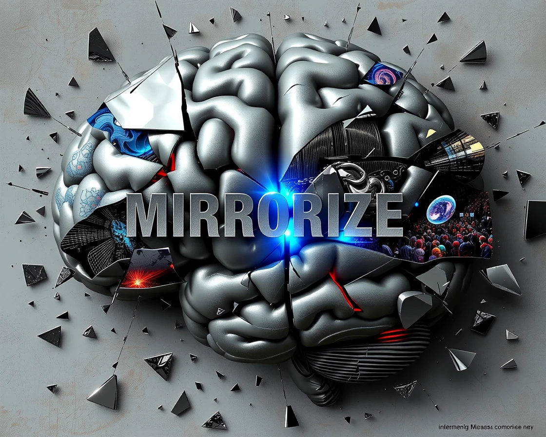 Brain cross-section shattered into jagged mirror shards at misaligned angles, each reflecting a different mental state—one shard shows orderly neural firing patterns in blue circuits, another pure white noise static, a third a crowded chaotic marketp