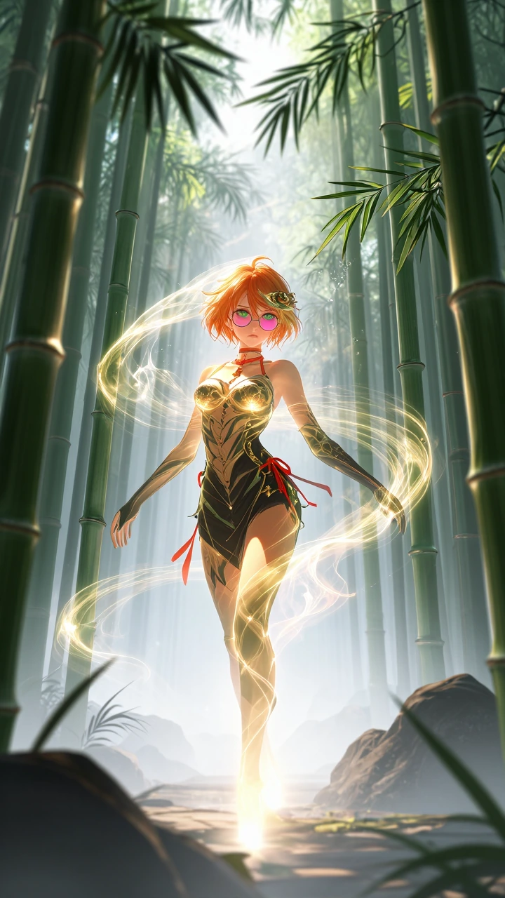 A highly detailed digital artwork of a serene bamboo forest in early morning mist, dense tropical grove filled with tall, slender green bamboo trees with smooth textures and thick leafy stems rising vertically, creating natural leading lines and laye