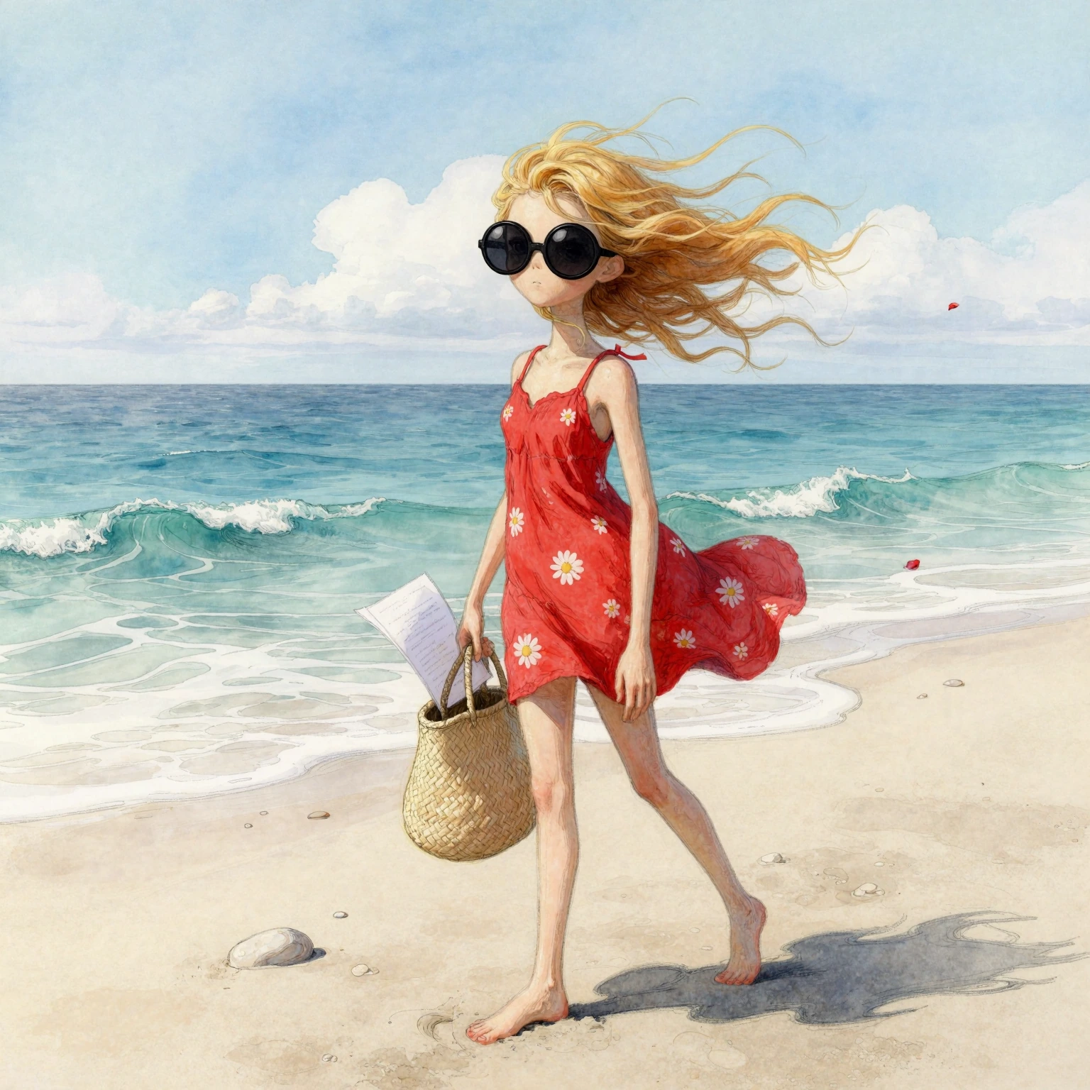 A whimsical full-body hand-drawn illustration of an exaggerated storybook girl, slender elongated limbs and oversized round black sunglasses dominatin