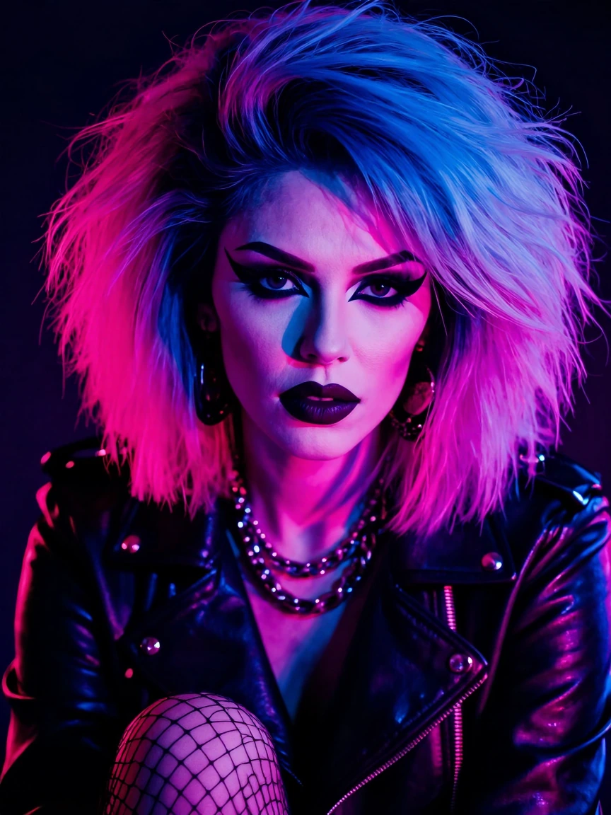 A stunning New Wave girl from the 1980s, striking angular face with porcelain pale skin, heavily applied dark eyeliner creating dramatic geometric wings extending beyond the eyes, sculpted cheekbones, perfectly arched eyebrows, bold statement lips in