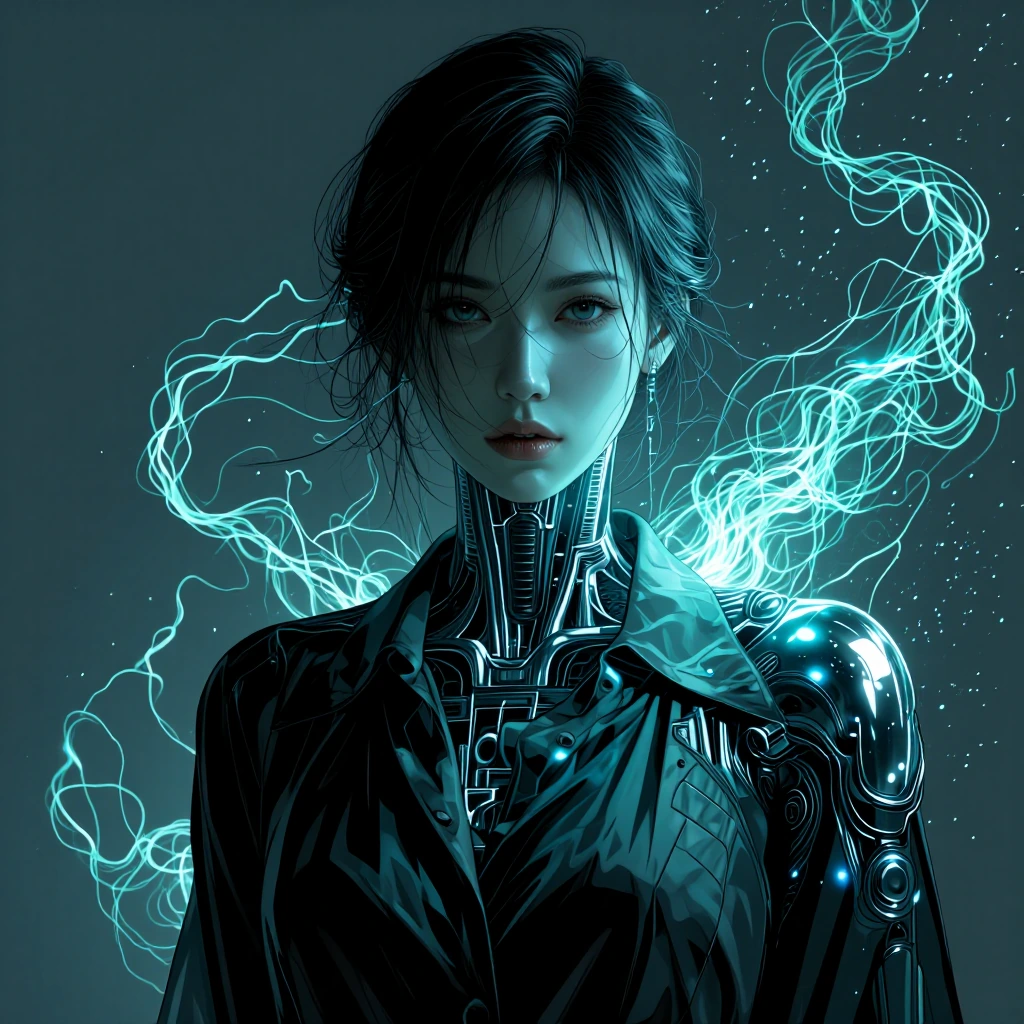photorealistic fashion front shot of a cyborg woman with subtle black electronic pieces, looking at the camera with a black satin shirt, studio photography, monotone illumination, mid grey background, Hasselblad 60mm lens