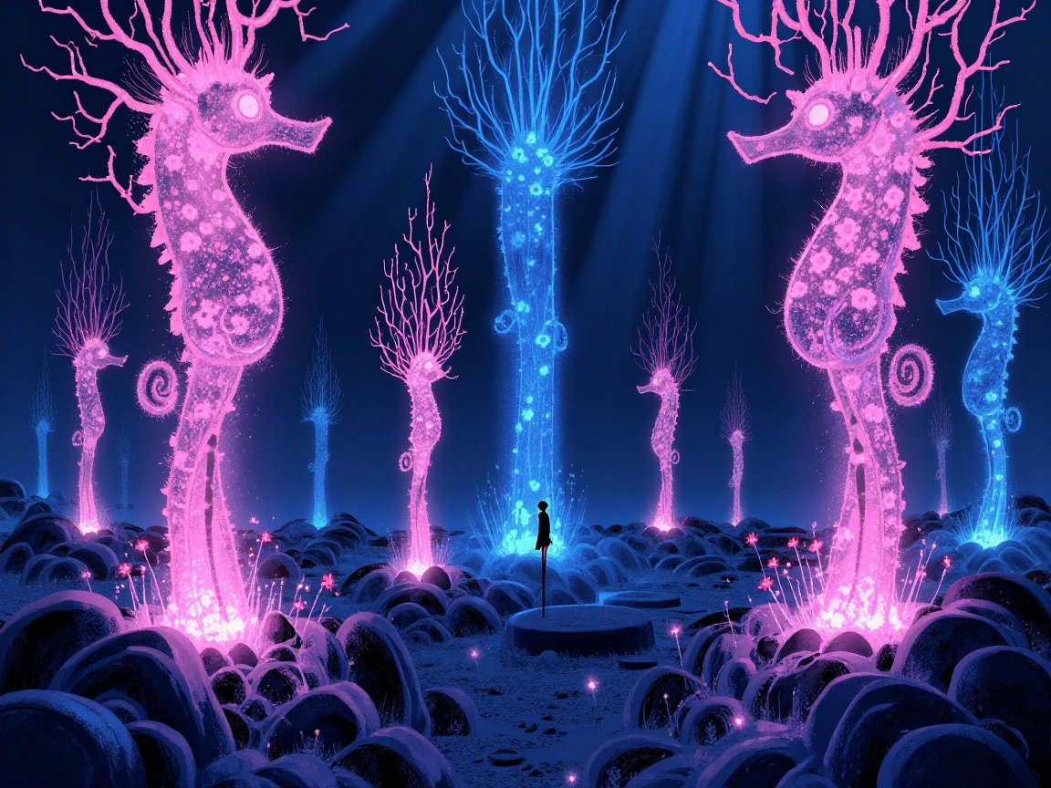 Bioluminescent coral city in neon pink and electric blue, tiny figures on seahorses weaving through massive branching towers, god-rays filtering from above, dreamlike and ethereal.