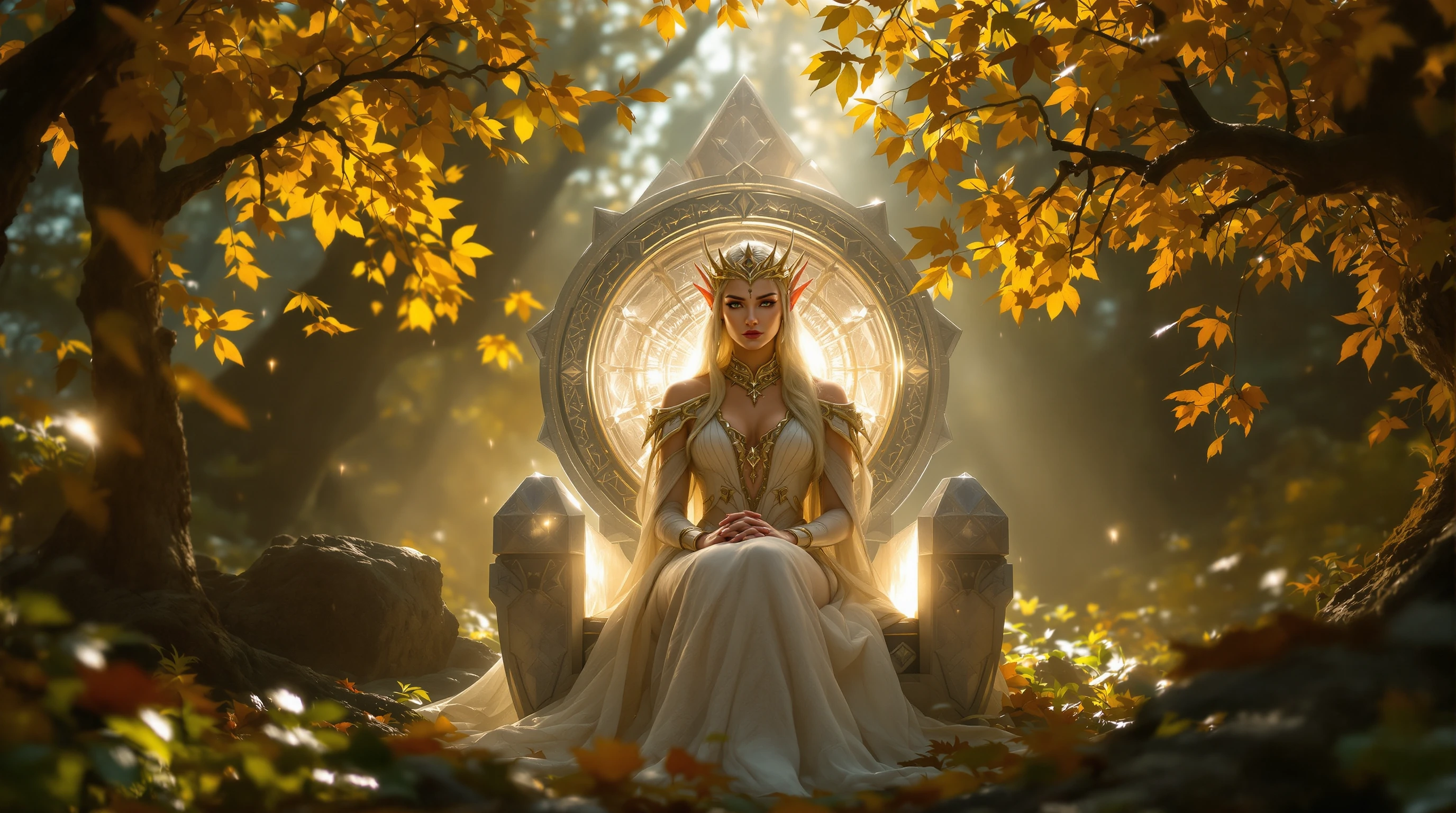 A serene ancient high elf female Queen seated upon a softly glowing natural crystal throne situated in a verdant clearing in a mystical forest, the autumnal leaves merge together to form a golden canopy with ethereal light and golden hues.
