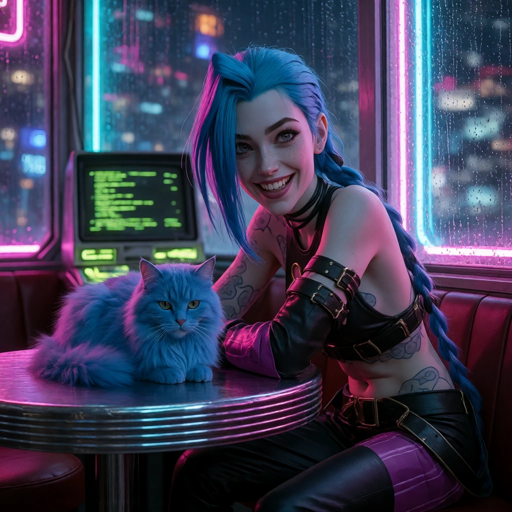 Jinx in a neon dive bar, electric blue and pink hair wild and tangled, manic grin, sitting at a chrome table with her fluffy blue cat perched beside her. Cyan and magenta neon strips reflect off rain-slicked windows showing a sprawling cyberpunk city