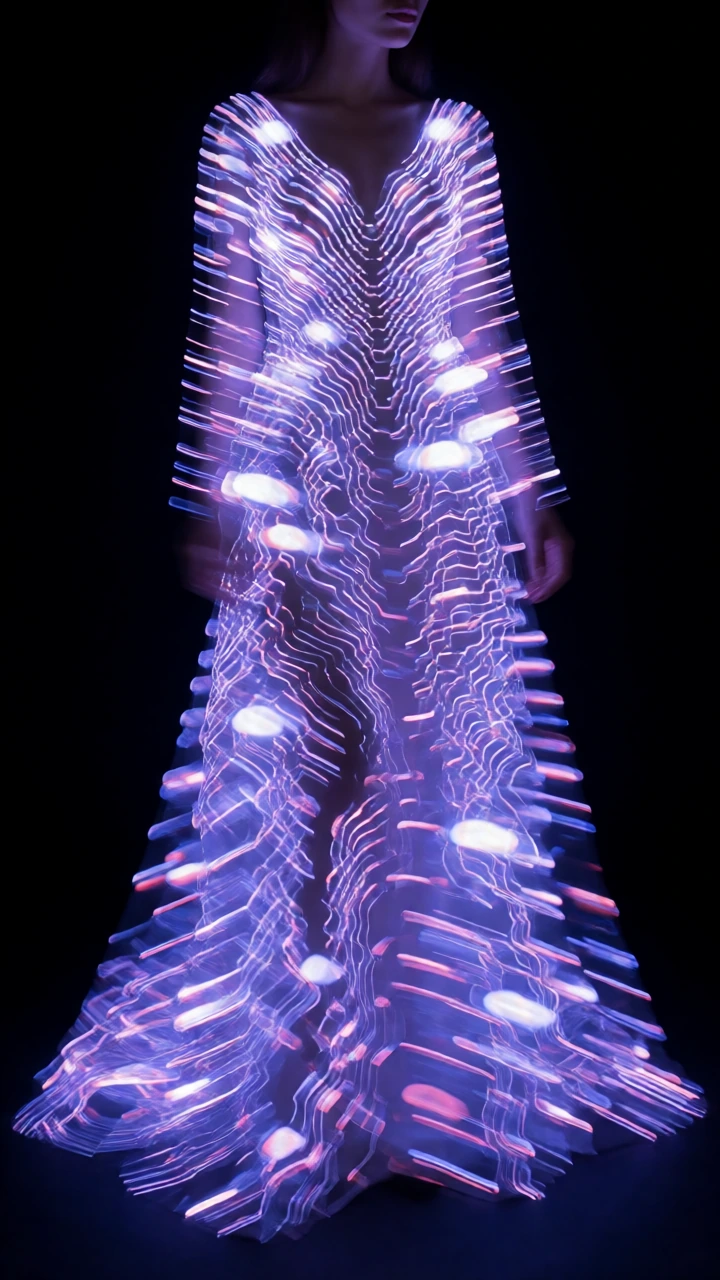 A woman in a floor-length gown woven entirely from miniature LED lights configured in undulating wave patterns that pulse and shift in ultraviolet, violet, and electric blue—the lights cascading downward like liquid mercury frozen mid-drip. The fabri