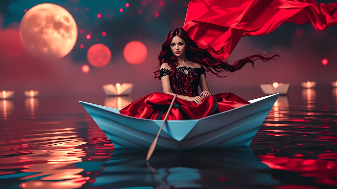 A breathtaking cinematic fantasy scene: a stunning woman with mesmerizing sapphire-blue eyes and long, voluminous wavy burgundy hair rides gracefully 