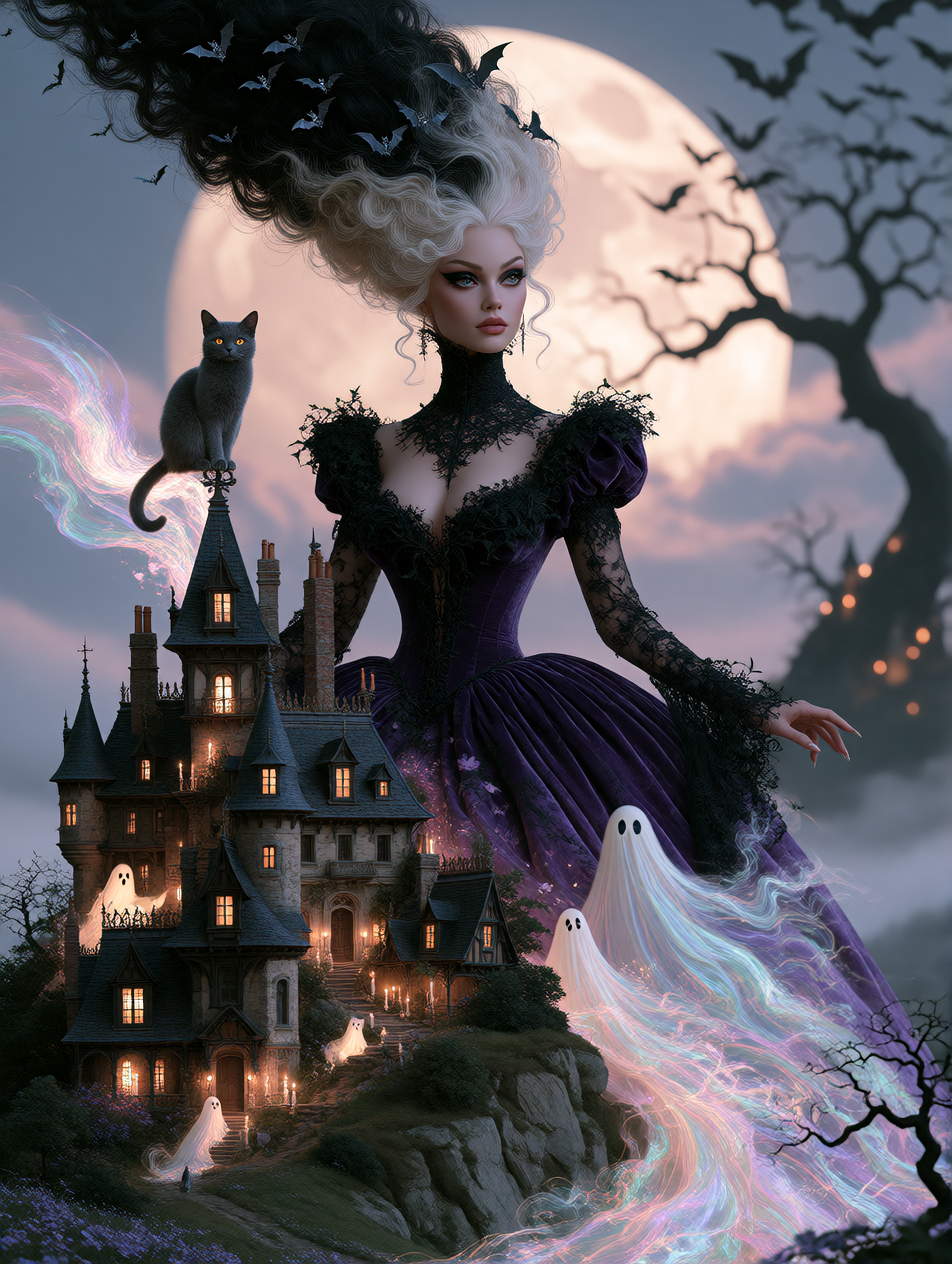 Mesmerizing spooky high-fashion fantasy portrait of an breathtakingly beautiful woman with glowing pale skin, dramatic winged black liner, dusty rose lips and towering sculpted hair in inky black streaked with pastel mint, pinned with tiny silver bat