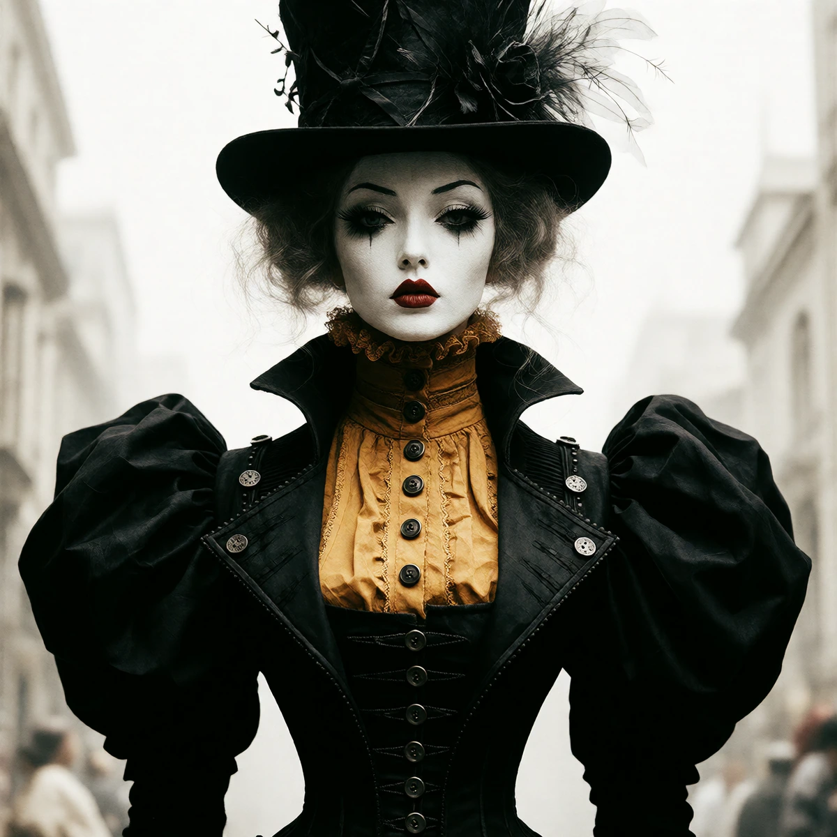 photorealistic portrait of a female subject styled as a surreal fashion figure, with a highly exaggerated, cinched hourglass silhouette and broad, sculpted puff sleeves. She wears a structured black top hat adorned with wispy elements, a high-necked 