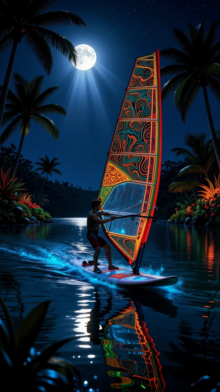 A young man windsurfing on a muggy, peaceful lagoon under a moonlit, starry sky. Reflections of moon and stars on the lagoon’s surface with biolumines