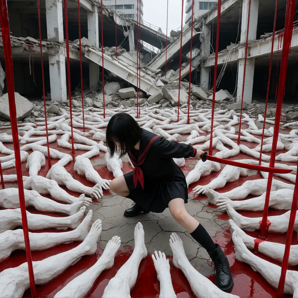 Wide shot, cinematic environment shot, high angle, bird'seye perspective, looking down at a young woman in a crouched, dynamic combat stance amidst a field of severed white human limbs, the woman is positioned in the center, she has short black hair,