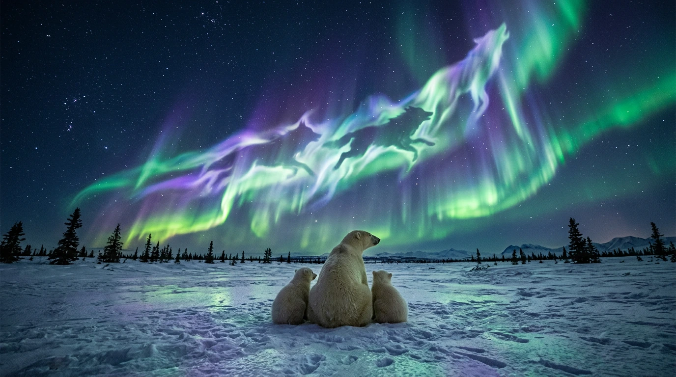 Photograph a majestic Arctic wilderness scene at midnight, where a polar bear mother and her two small cubs sit together on a vast snow-covered tundra, their thick ivory fur glowing softly in the ethereal light above them. All three bears face away f
