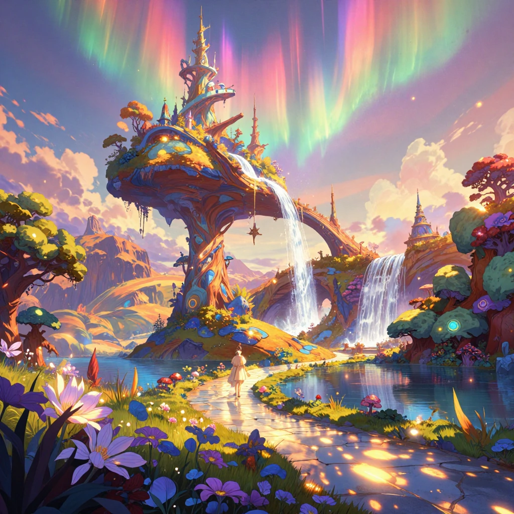 A breathtaking utopian realm bathed in soft golden hour light, where iridescent auroras dance perpetually across pastel skies of lavender, rose gold, 