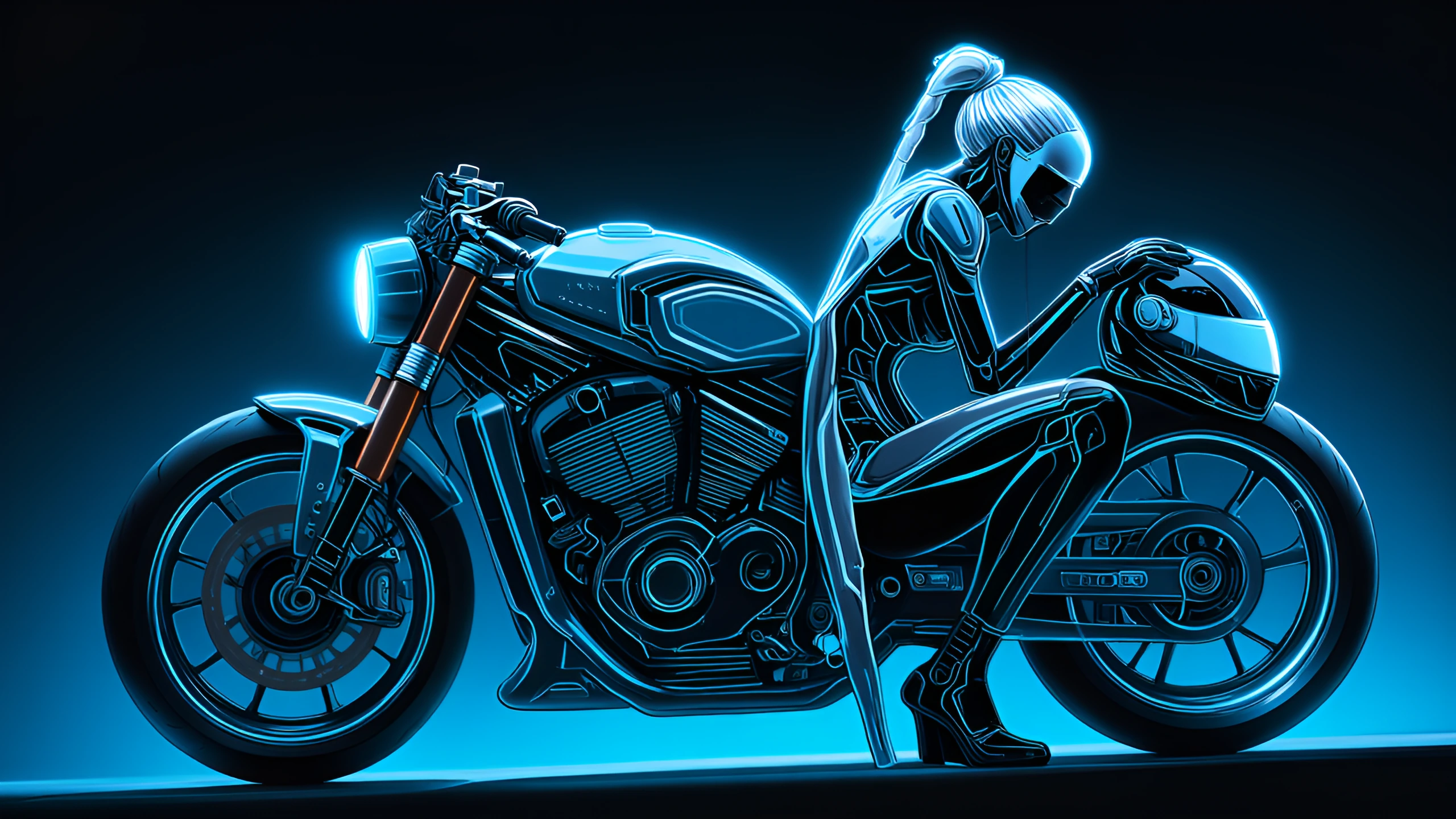 Neon blue lighting. Cyberpunk Hyper-Motorcycle, black trimmed in blue neon, matching biker clothing helmet held in hands as she leans against the bike, hair tied back in a blonde waterfall braid: