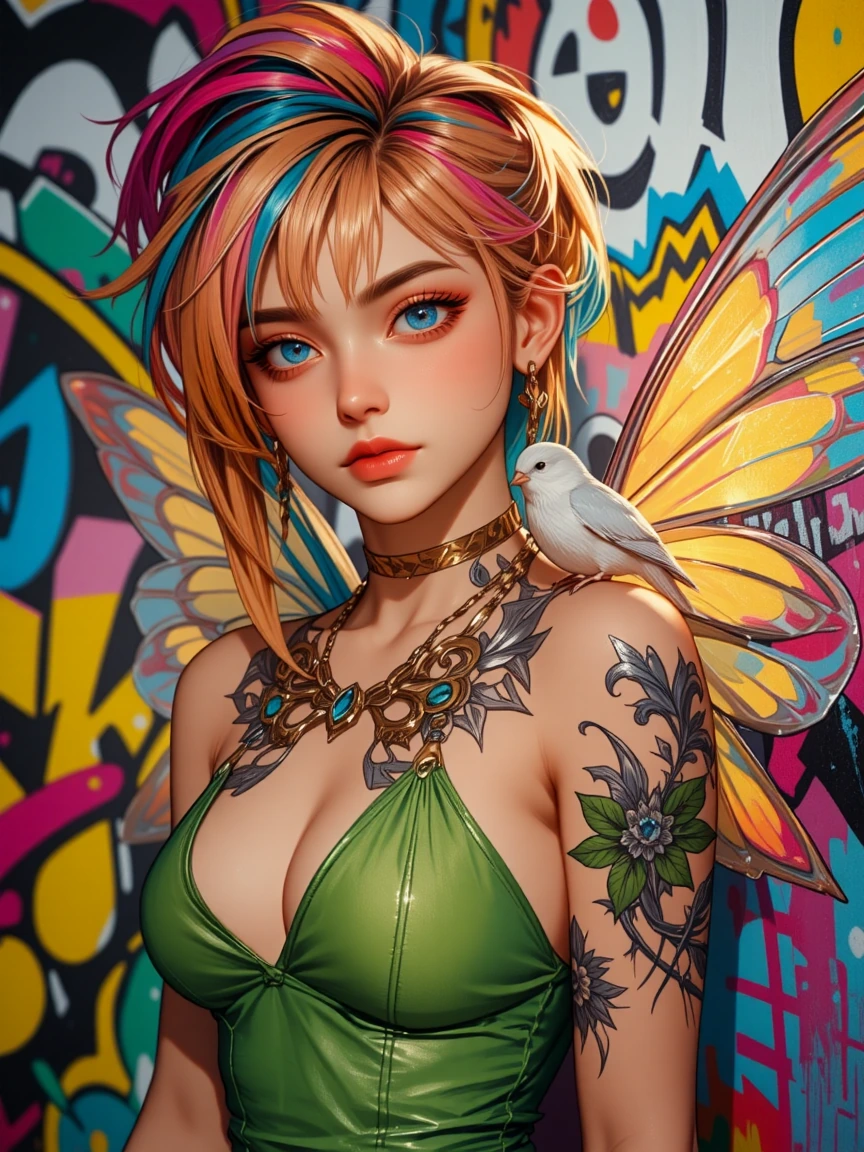 Baddie fairy with glittery eyes and graffiti fairy tattoos, rainbow hair, graffiti wall, green mini dress and fairy wings, bird on shoulder
