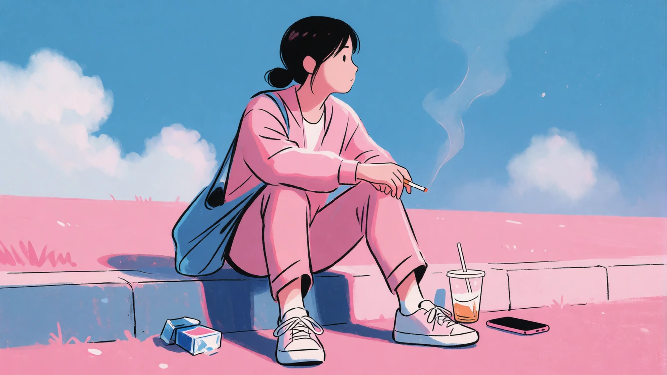 16:9 keyframe, high-grade illustration mixed with clean hand-drawn animation style, bold imperfect black outlines, soft cel-shading, and strong graphic color fields, --sref 111282442 --p vd9i8bm “Typical humans.” A quiet, stylish composition of ordin