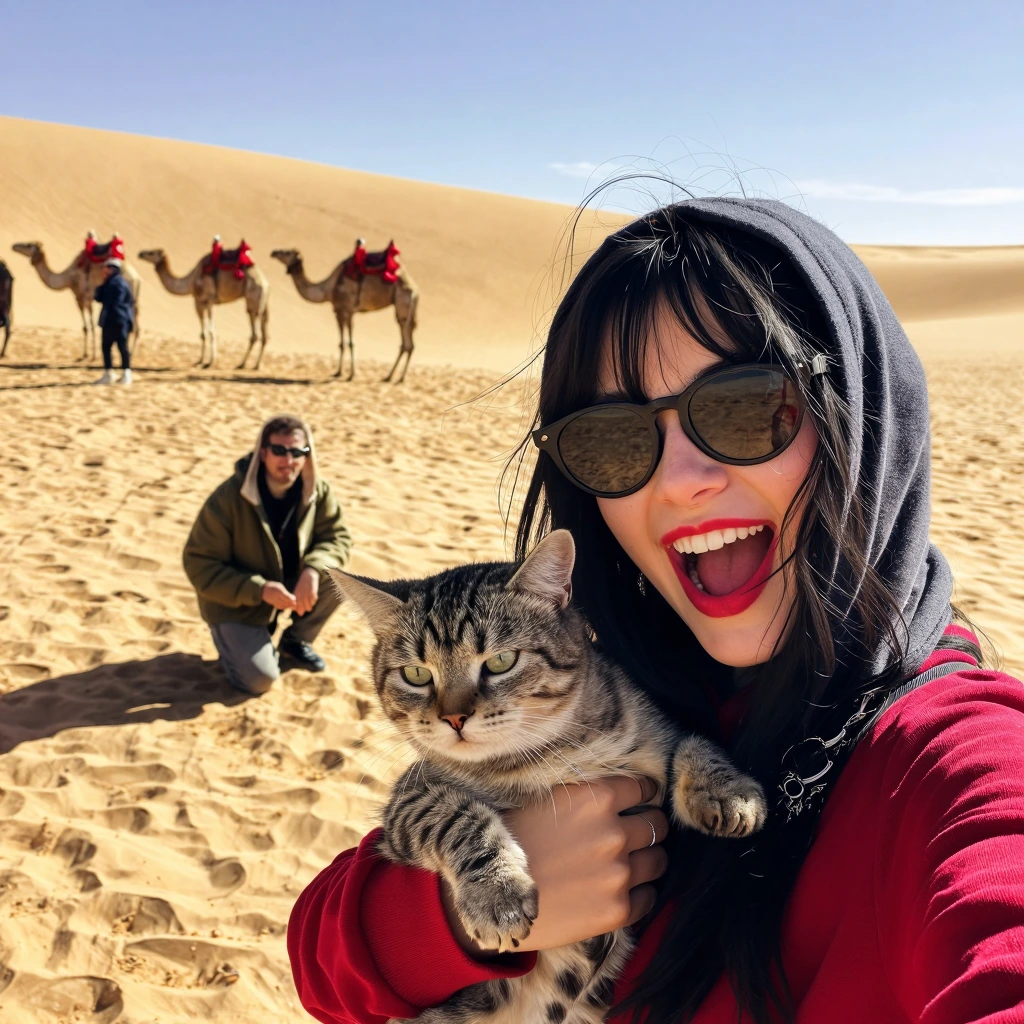 Crazy girlfriend, taking a selfie with her cat out in the desert and being photo bombed by a camel