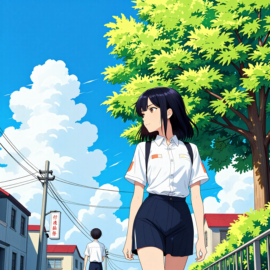 outdoors, sky, cloud, day, black hair, scenery, shirt, tree, blue sky, building, sign, 1girl, shorts, 1boy, power lines, white shirt, house, english text, railing, long hair, wide shot, short sleeves, utility pole