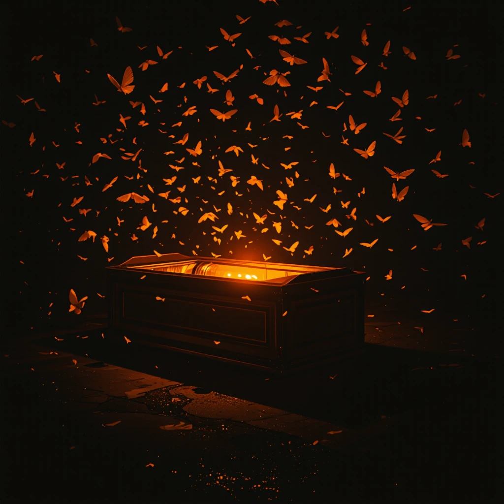 A solemn procession of moths in silhouette, their wings backlit by the warm amber glow of a streetlight lying in state within an ornate Victorian coffin. The coffin's lid features panels of clear polycarbonate cut in geometric sections that frame the