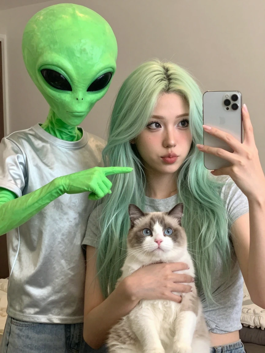 Crazy girlfriend green pastel hair taking a selfie with her cat while being photo bombed by a green alien with a big head. The alien is wearing a silver T-shirt