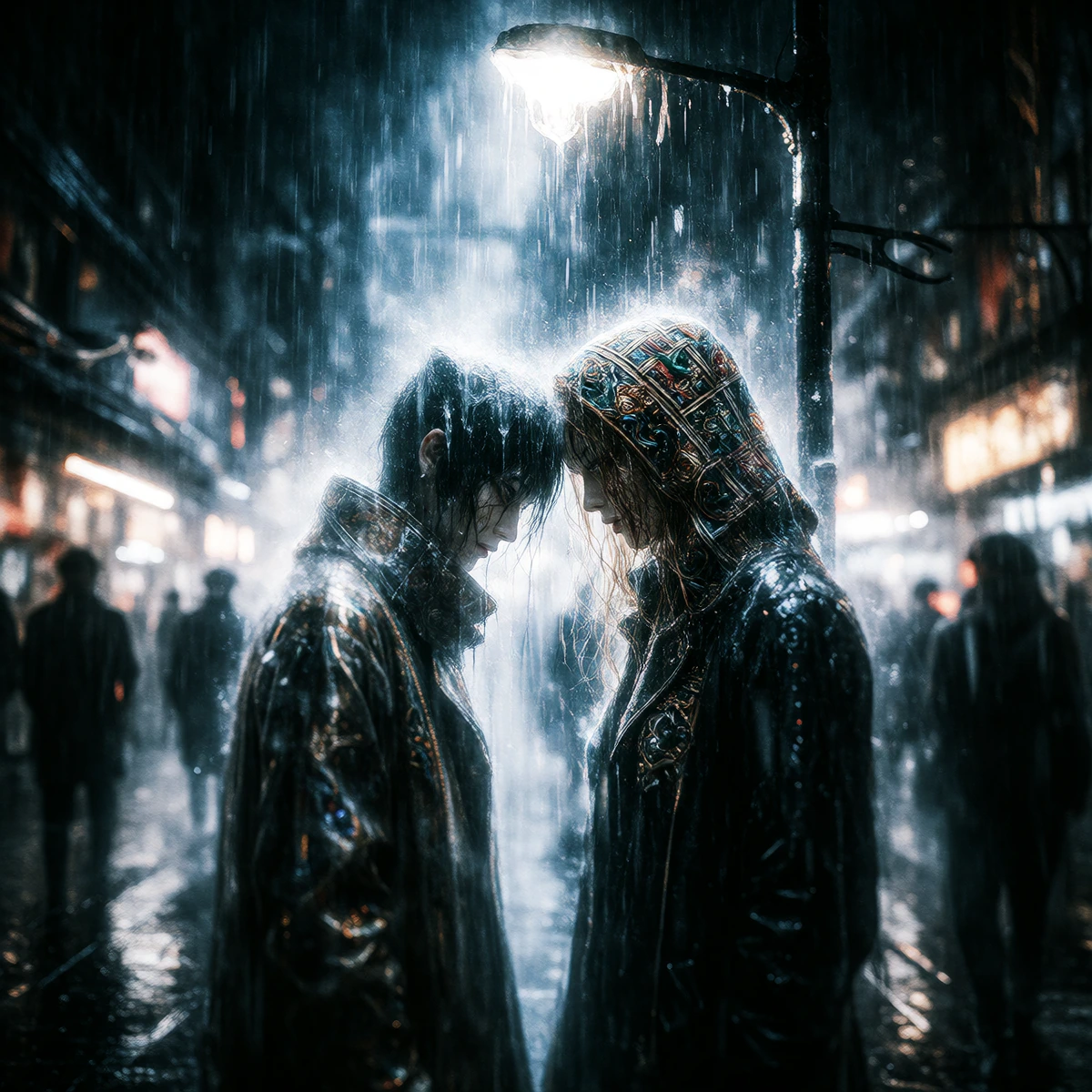 A hyper-realistic, haunting cinematic shot of two strangers standing in a dimly lit, rain-slicked urban underpass at night. The air is thick with neon fog and cold blue tones. They are separated by only a few inches, their faces illuminated by a flic