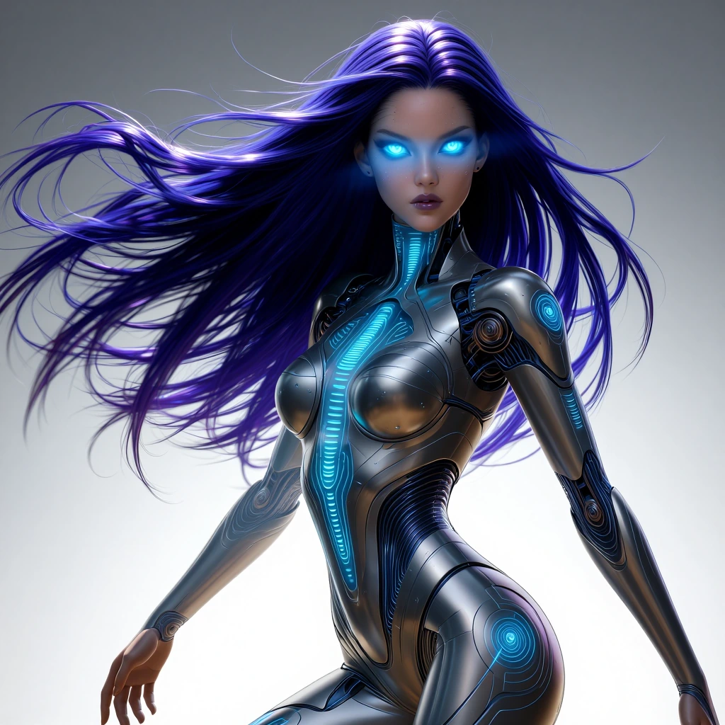 "Aetheria possesses a breathtaking synthesis of biological grace and advanced cybernetic engineering. Her overall silhouette is lean, powerful, and elegantly sculpted. • Organic Integration: Her skin retains the hyper-realistic texture of human flesh