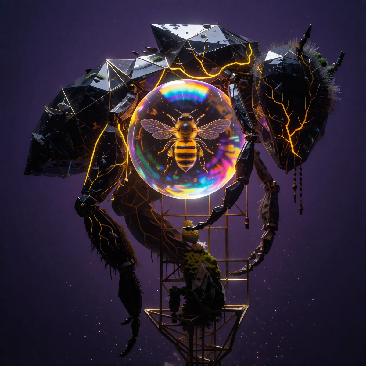 Abstract and surrealist digital painting, science-fiction conceptual art. A metaphysical representation of the ‘Guardian of the Very Last Bee’. A colossal, floating geometric entity, composed of obsidian glass, fractured crystal and pulsating veins o