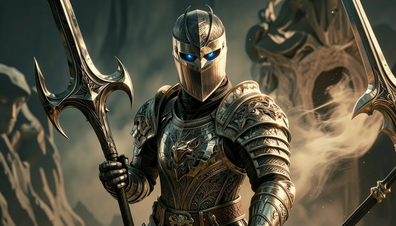 The Faceless Templar Knight wearing intricate plate mail wielding a runic great sword of massive pow…