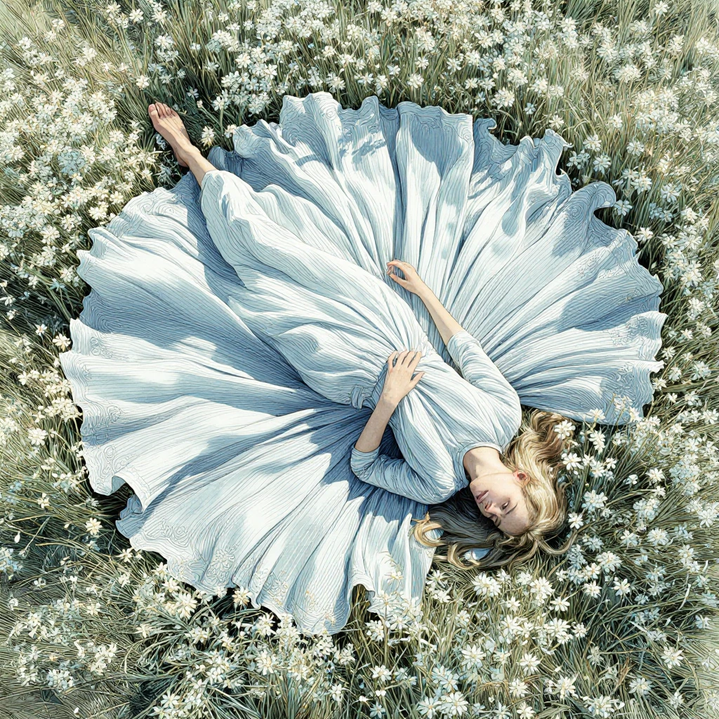 A woman lies in a meadow filled with white flowers. She wears a long, flowing dress in a light shade of blue, the fabric spreading around her in soft waves. Her posture is relaxed, she lies slightly on her back, head gently tilted, eyes closed, one h