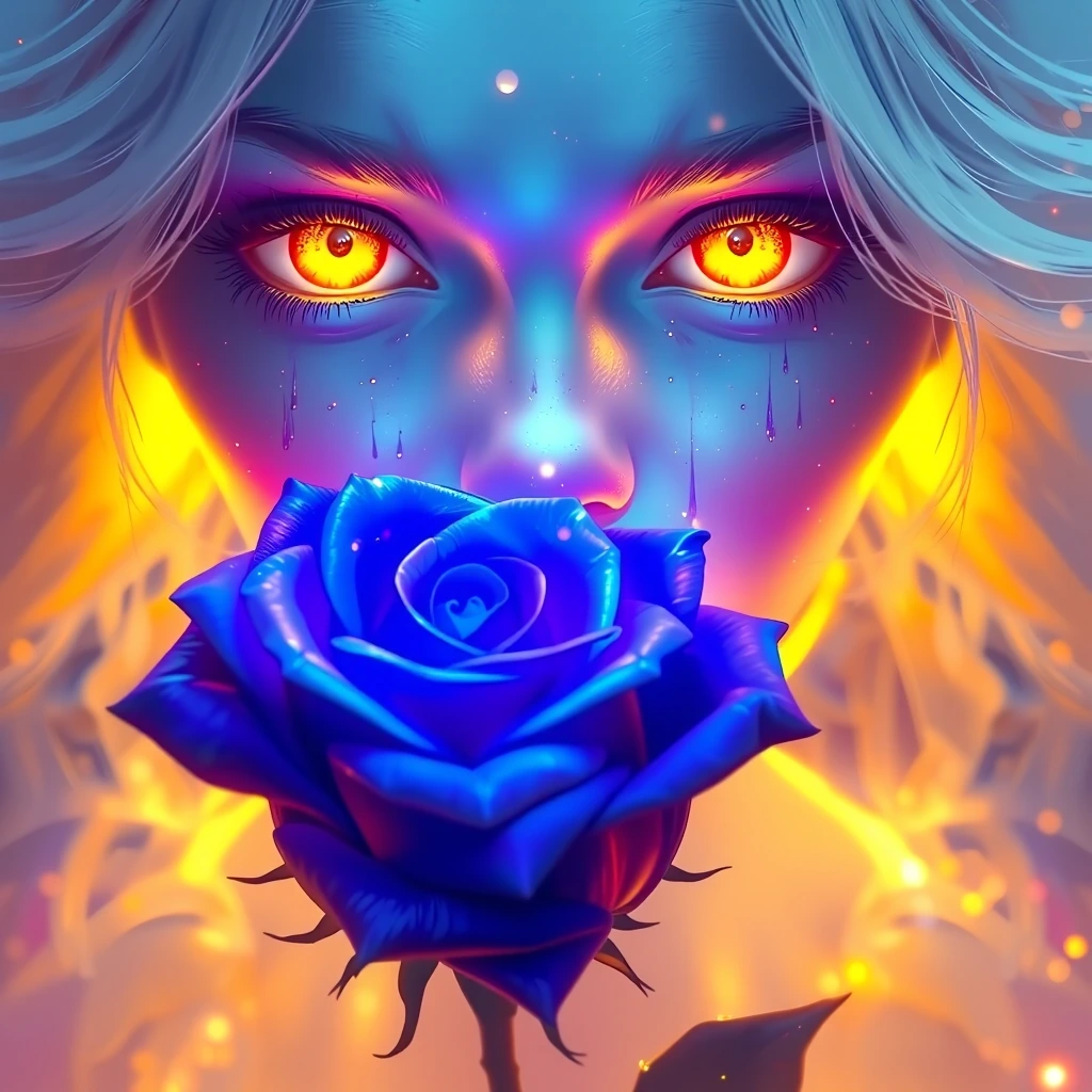 Albino face with piercing yellow eyes and lips, holding cobalt blue rose, dramatic cinematic lighting, luminous ethereal.