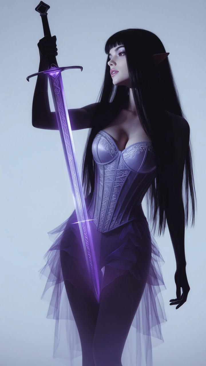 A hyper-detailed elf woman emerging. Her drifts dissolving into selective blur, while her face remains crystal clear She holds a slender sword forged from translucent violet glass, etched with bio-ink runes glowing like arcane circuitry. Her outfit i
