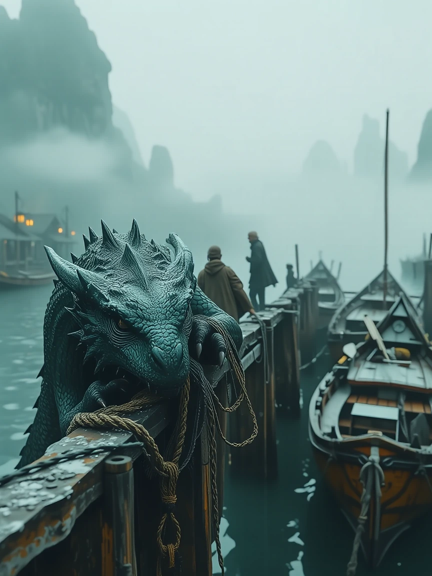 An elderly dragon with weathered scales the color of verdigris copper, dozing on weathered dock pilings in a misty coastal village at dawn, fishing line tangled around one claw, small wooden boats moored nearby, morning fog rolling across still water