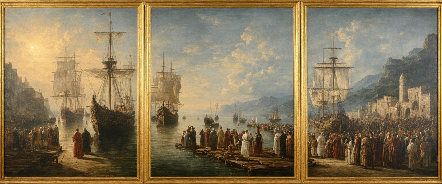 Triptych: three Renaissance panels unified by aureate contrejour light. Left panel—Spanish port at golden hour, carracks and galleons with furled canv
