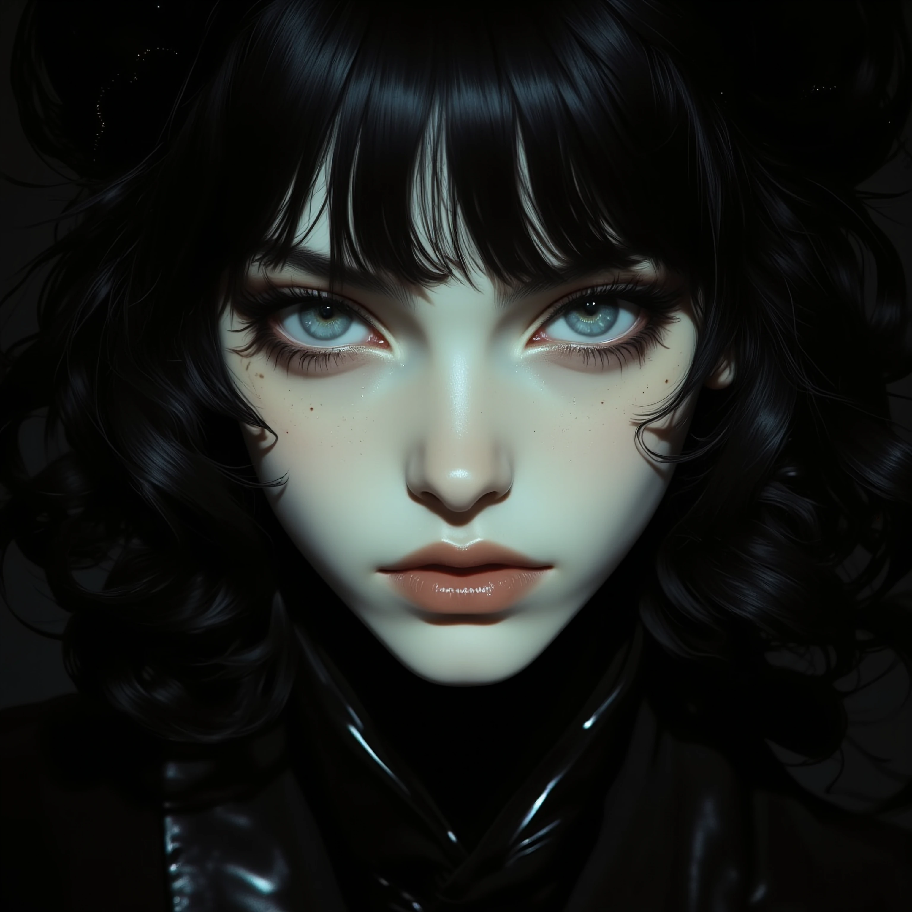A hauntingly beautiful high-fashion close-up portrait of a delicate young woman with porcelain skin, striking ice-blue eyes gazing intensely forward under thick dark lashes, perfectly arched brows, and soft freckles dusting her nose bridge, framed by