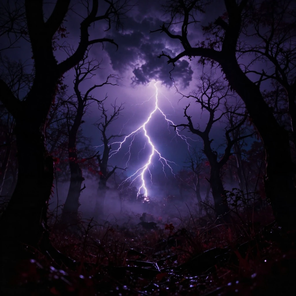 A moody 80s Goth AI art scene of a stormy night over a twisted dark forest with gnarled trees and thick fog. Dramatic purple and blue lightning cuts through heavy storm clouds. The image has deep black and burgundy tones with electric storm glow, hig