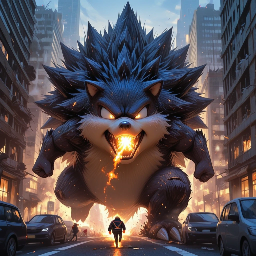 A gigantic hedgehog looking like a gigantic monster walking through the city destroying buildings and fireing his stings towards people