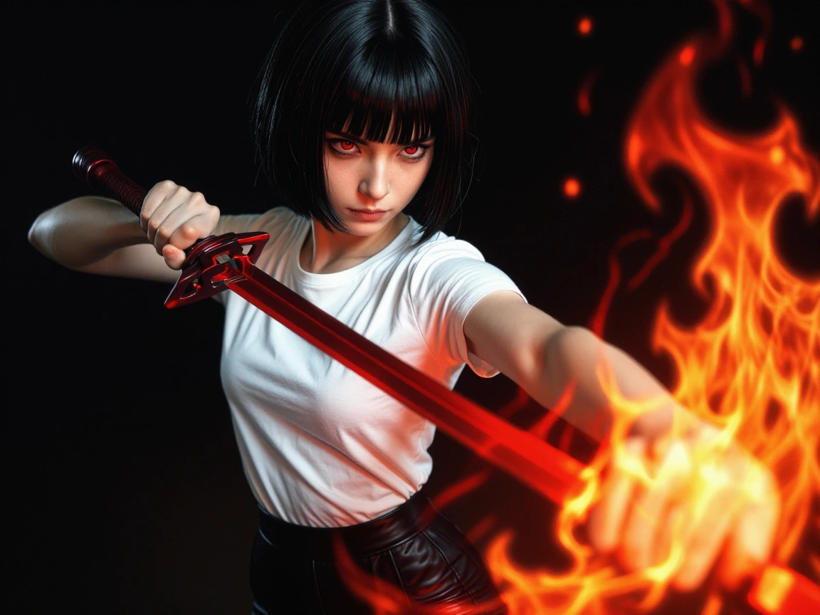 The video is an illustration of a young woman with short black hair and red eyes, holding a red sword in her right hand. She is wearing a white t-shirt and black pants, and her body is in a fighting stance. The background is black, and there is a fie