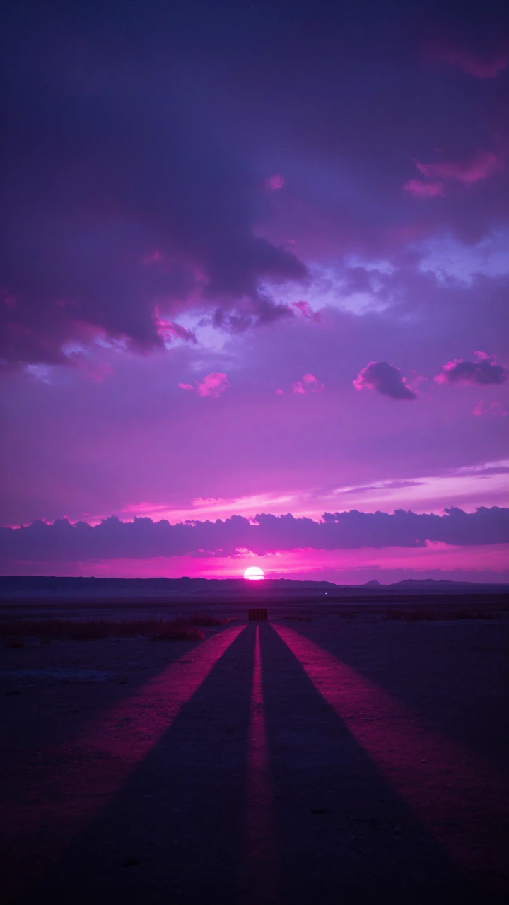 dramatic purple and violet sunset over a vast landscape, deep magenta and lavender light flooding the sky, soft glowing horizon with hints of pink and