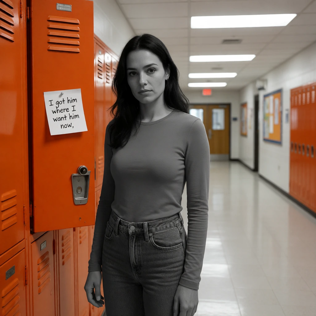 woman standing in school hallway next to orange lockers with a note pinned that says I got him where I want him now