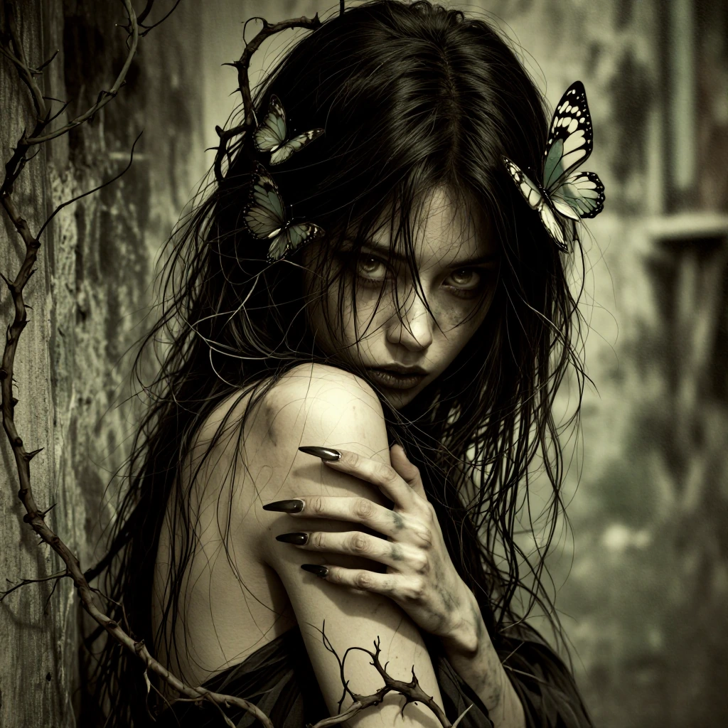 A hauntingly beautiful dark fantasy gothique portrait of a pale, ethereal woman with long black hair tied loosely at the top, her face partially turned toward the viewer with piercing golden eyes; delicate butterflies flutter around her head like eph