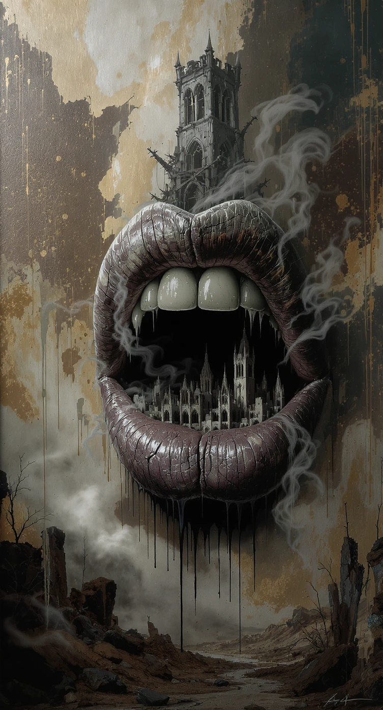 A hyper-detailed surrealist masterpiece depicting a giant pair of cracked, stone-textured human lips, parting to reveal a sprawling, ruined Gothic city within the mouth. Above the lips, in a double exposure, a single dark, massive, dilapidated tower